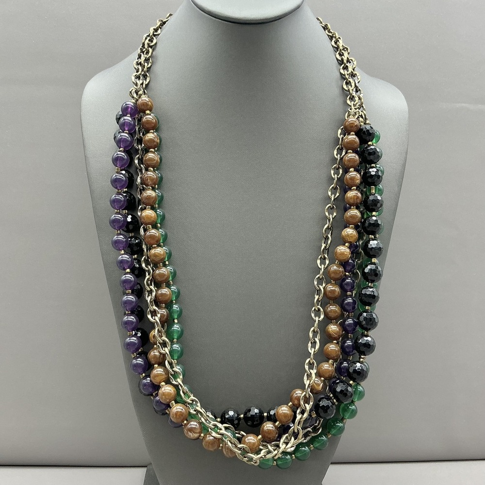 Dana‎ Buchman Necklace Multicolor Glass Beaded Layered Gold Tone Chain Statement